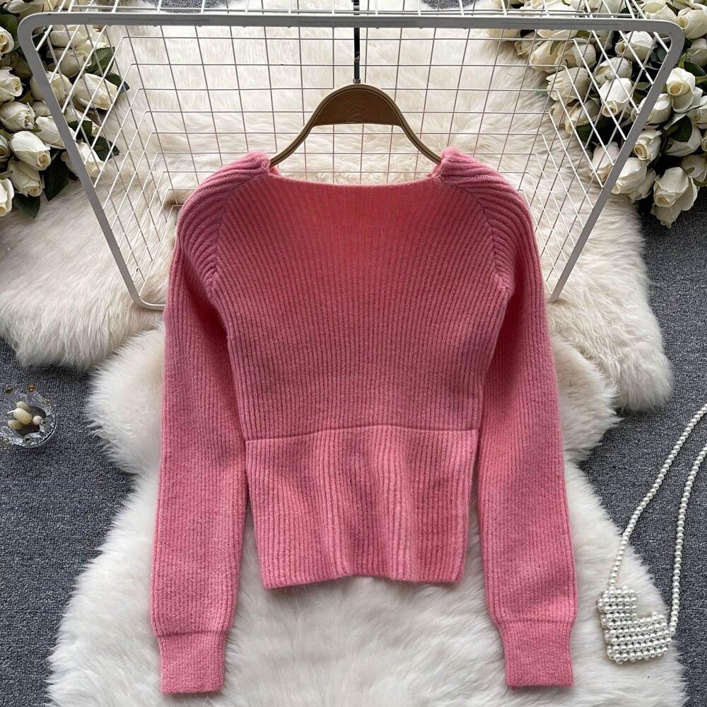 Осенне-зимний корейский свободный тонкий вязаный свитер с v-образным вырезом и нерегулярным ленивым ветром