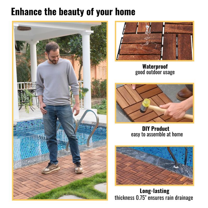 Acacia Wood Interlocking Deck Tiles Checker Pattern 12"x12" Brown Hardwood Flooring for Patio Balcony Poolside