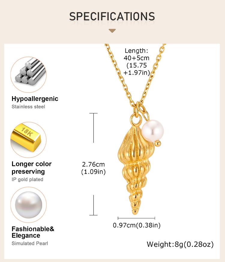 Раковина Конх Ракушка Ожерелье для Женщин, Позолоченная 18K Нержавеющая Сталь, Сплошной Металлический Подвеска, Водонепроницаемое, Не Тускнеющее, Морские Украшения
