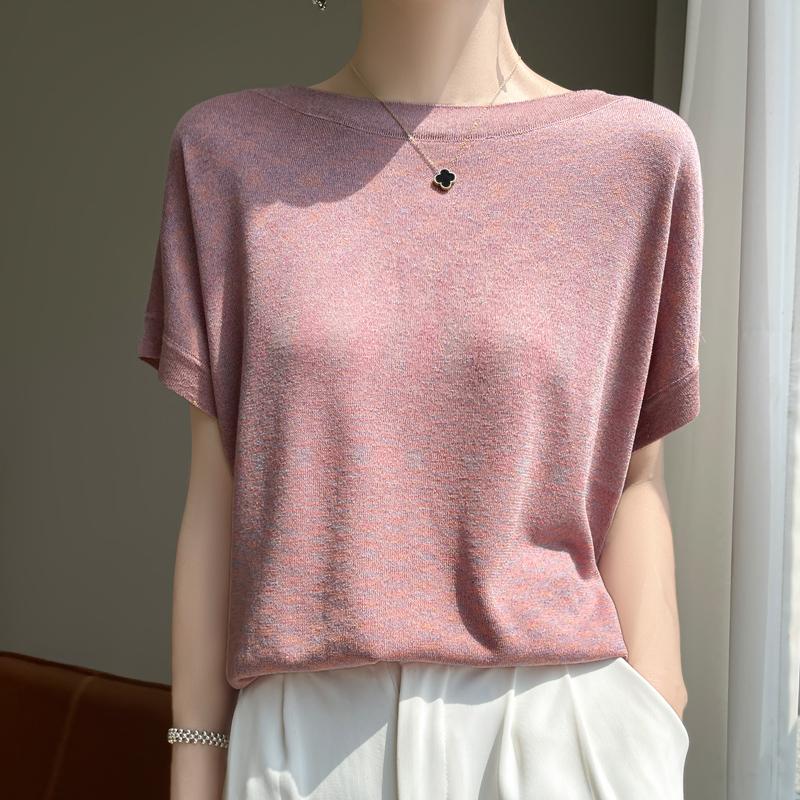 Women Knit T-shirt MODERN NEW SAGA Summer Knitted Shirt Short Sleeve Tees Slash Neck Pullover Knit Tops