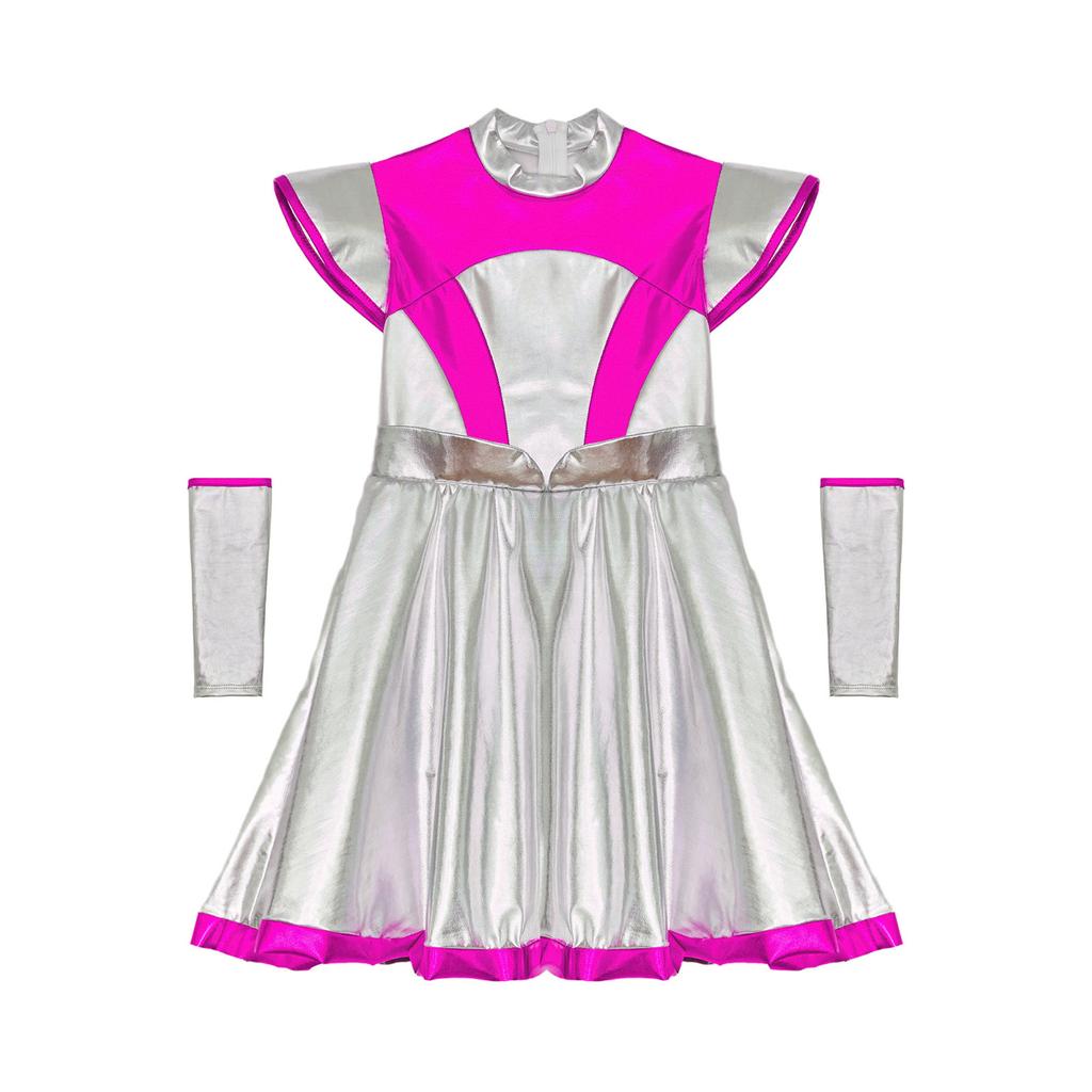 Girls Alien Cosplay Costume - Shimmering PU Patchwork Dress with Cap Sleeve & Arm Sleeve for Halloween Party