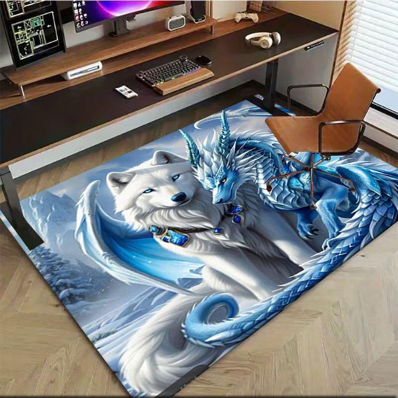 "Snow Wolf and Ice Dragon Fantasy Art Print"Office Mat Perfect for Home Decor Office Desk Chair Rugs Chair Carpet for office Polyester Chair