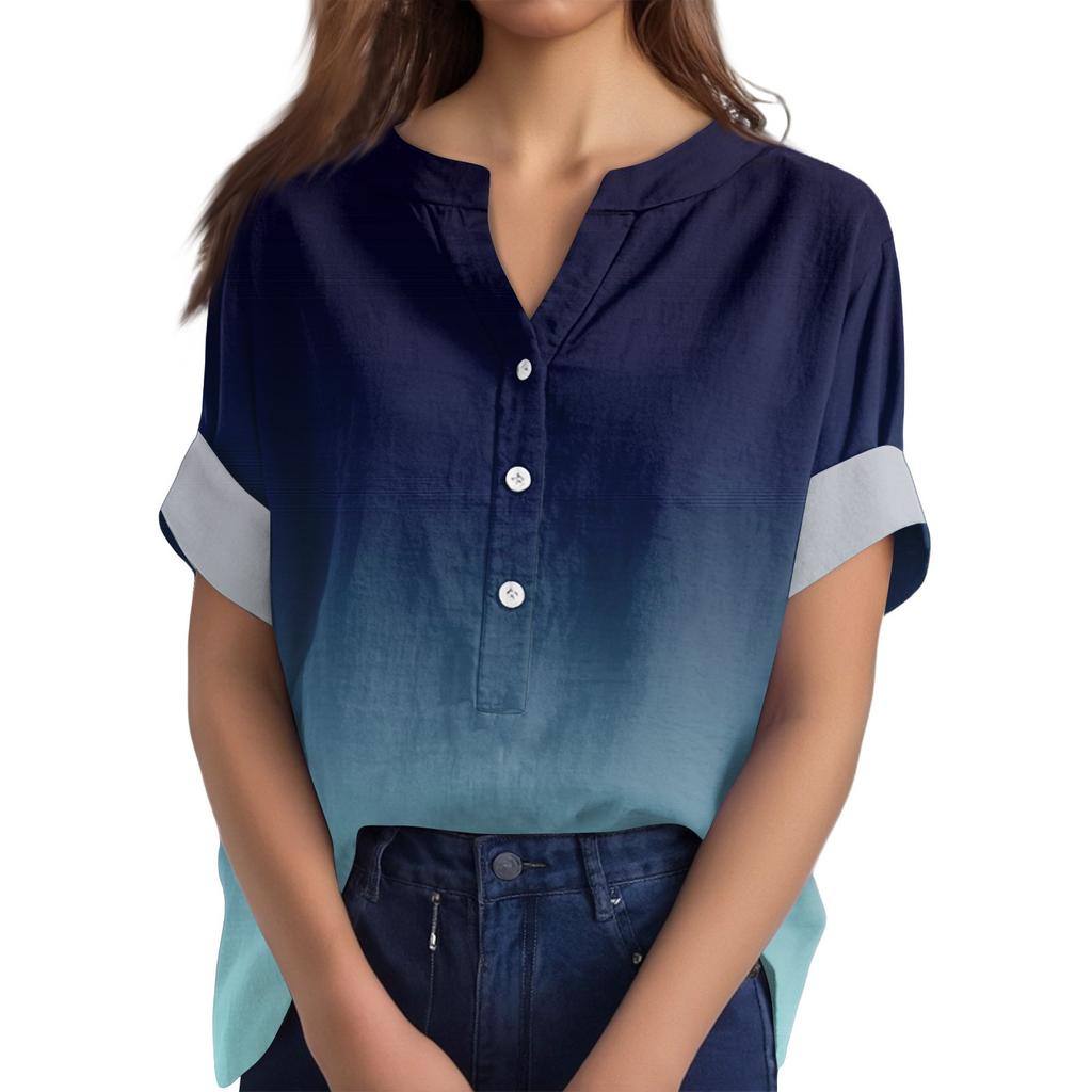 Женская хлопково-льняная футболка с круглым вырезом, коротким рукавом и пуговицами, футболка с принтом