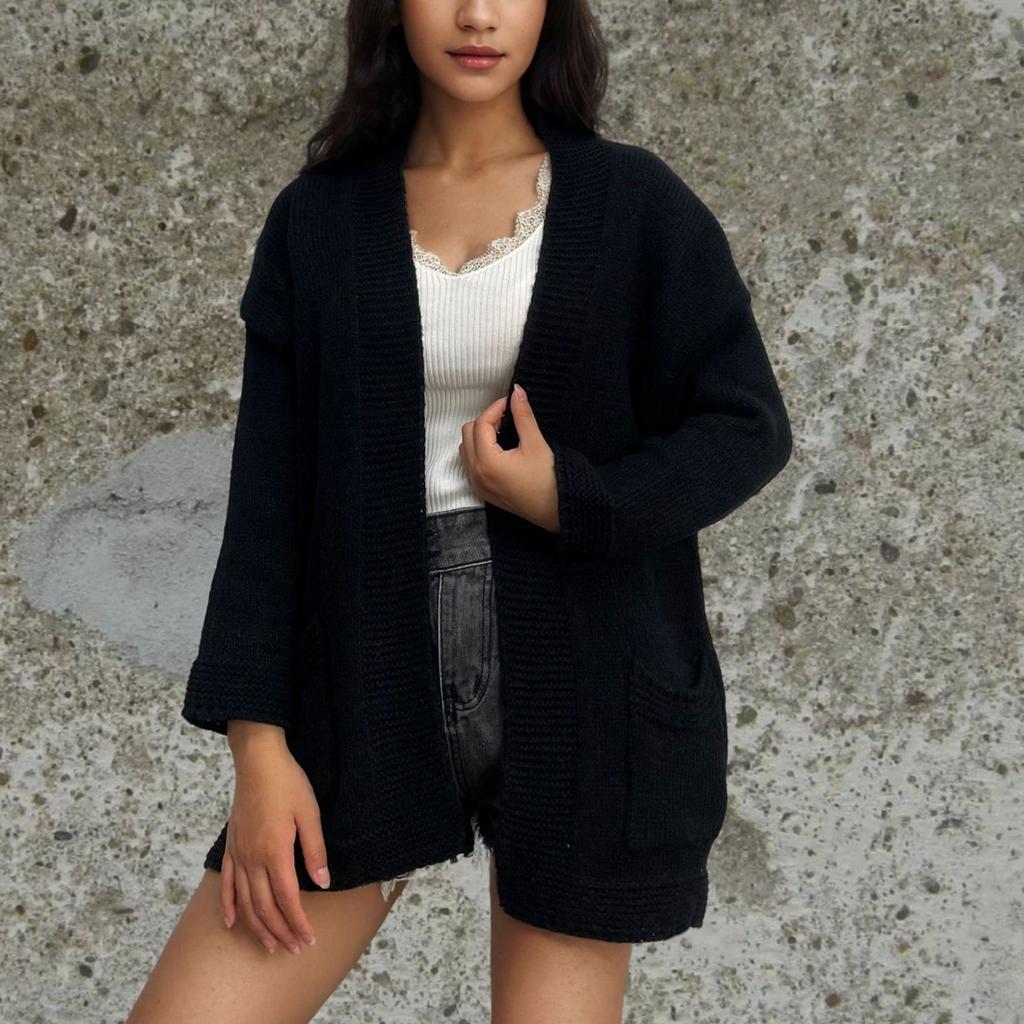 Женская мода вязаный карманный кардиган свитер со свободным пальто