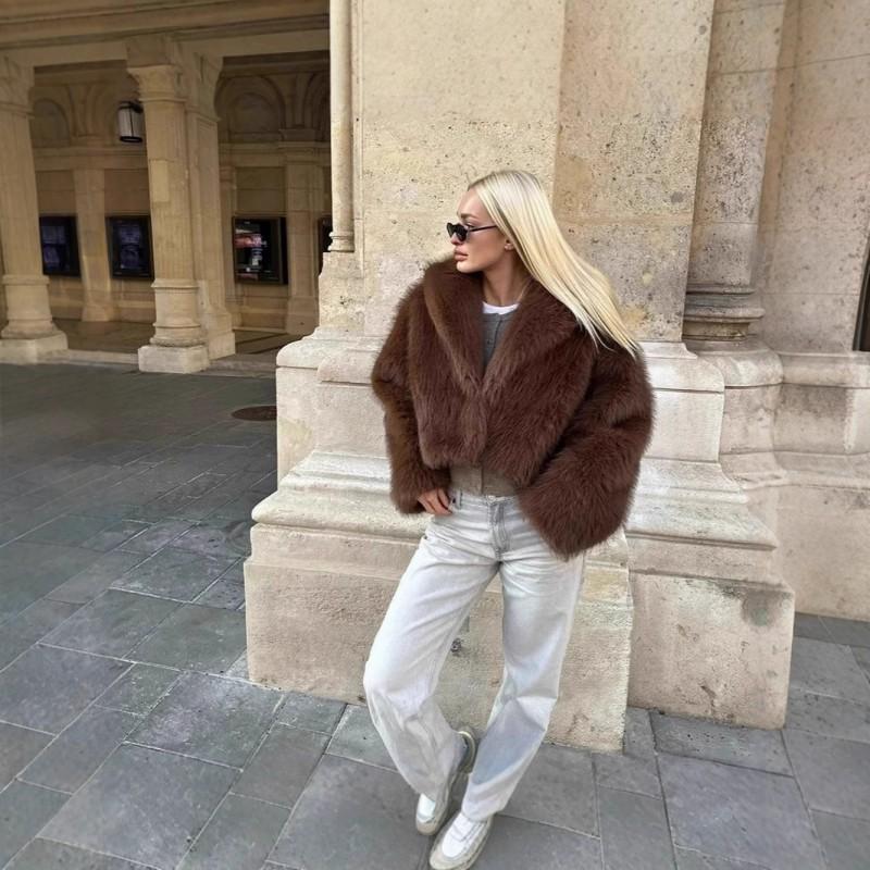 Womens Short Faux Fur Jacket Turn-down Collar Street Style XS-L Sizes