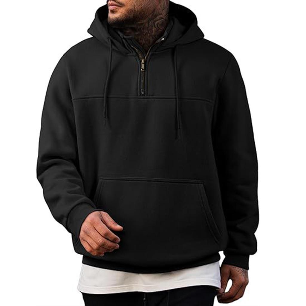 Men's Casual Solid-color Hooded Long-sleeved Pocket Sweatshirt , Men's Fleece And Thickened Warm Semi-zippered Sweatshirt Jacket