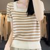 Women Sweaters Pullovers 2025 Summer Short Sleeve Square Collar Striped Black Knitted Sweater Women Tops Pullover JJ254