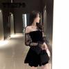Sexy Woman Velvet Net Yarn Lantern Sleeve Tube Top Dress A-line Skirt Long Sleeve Hollow Out Bare Shoulders Nightclub Bar Wedding Party