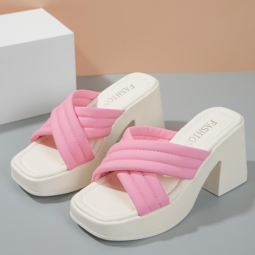 Summer Women's Platform Chunky Heel Slippers Retro Square Toe Slip On Mule Shoes for Women Outdoor Women's High Heel Slippers