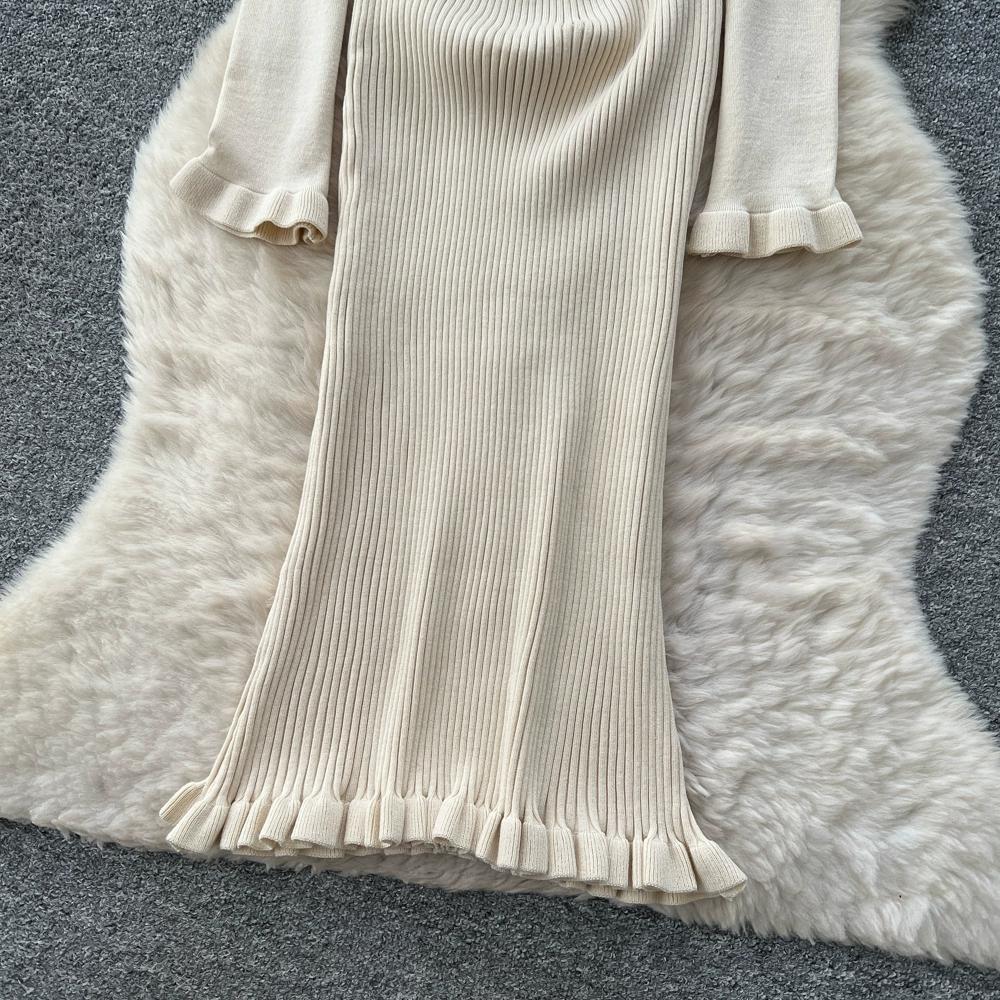 Autumn Winter Women Elegant Slash Neck Off Shoulder Beading Knitted Sweater Long Midi Christmas Party Dresses