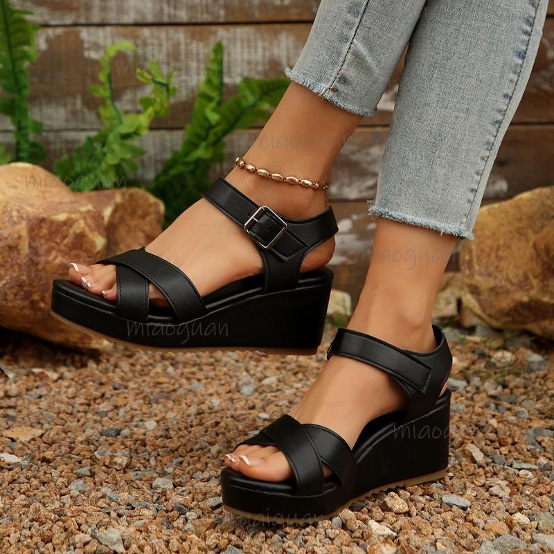 2025 Size 35-43 Platforms Sandals Thick Bottom Fish Mouth Sandals Wedge Roman Style Casual Ankle Strap Ladies Shoes