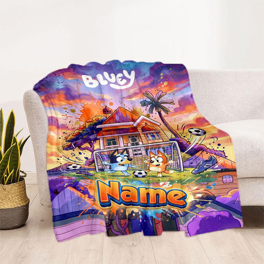Bluey's Soccer Adventure Customize Your Name Blanket Multi-purpose Personalized Blanket Comfortable Suitable for Sofa Seaside Couch Living Room