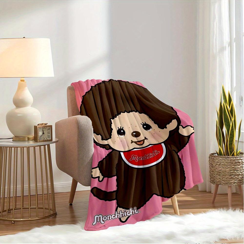 1pc Monchhichi,Cartoon,Character Digital Print Flannel Blanket - Contemporary Style, Suitable for All Seasons, Perfect for Home, Travel, or