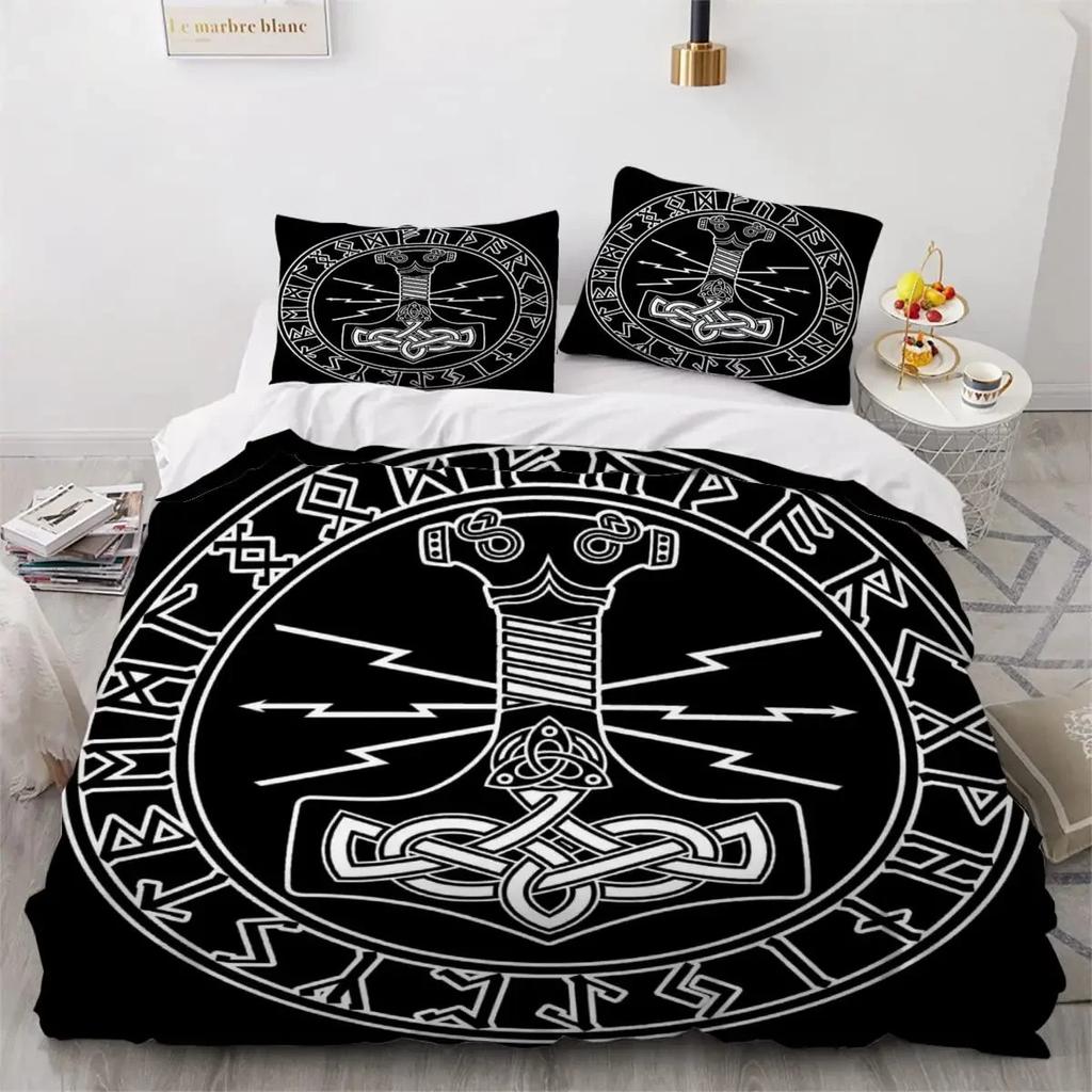 Viking Duvet Cover Set Nordic Viking Runes Print Bedding Set for Boys Teen Men King Size 2/3pcs Soft Polyester Comforter Cover