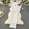 Autumn Winter Women Elegant Gold Button Knitted Sweater 3 Piece Set Single Breasted Jacket Coat Vest Long Midi Sheath Skirt Outfits