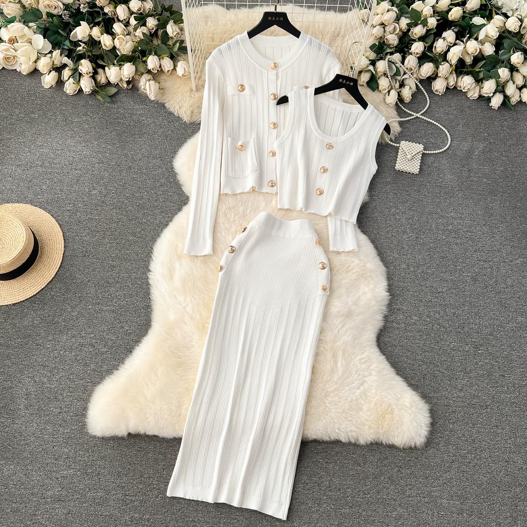 Autumn Winter Women Elegant Gold Button Knitted Sweater 3 Piece Set Single Breasted Jacket Coat Vest Long Midi Sheath Skirt Outfits