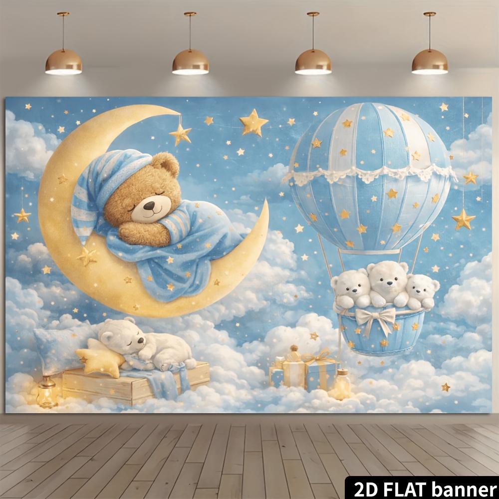 2D plane blue and white hot air balloon sleeping bear moon background fabric - blue sky and white cloudsDJH