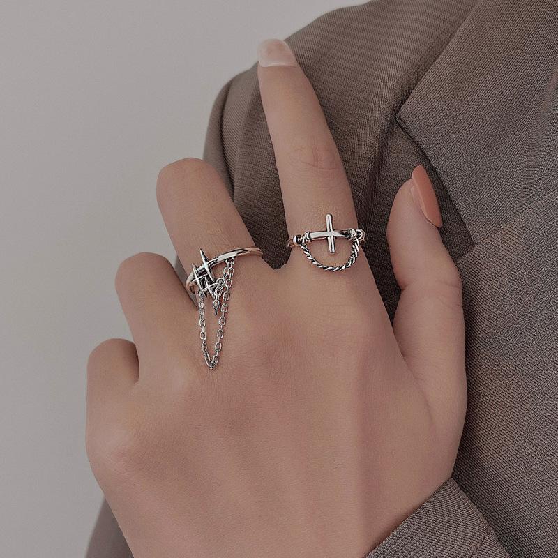 Кольцо-цепочка с двойной звездой и крестом для женщин, простое ретро-кольцо из тайского серебра с открытым указательным пальцем, крутой индивидуальный дизайн