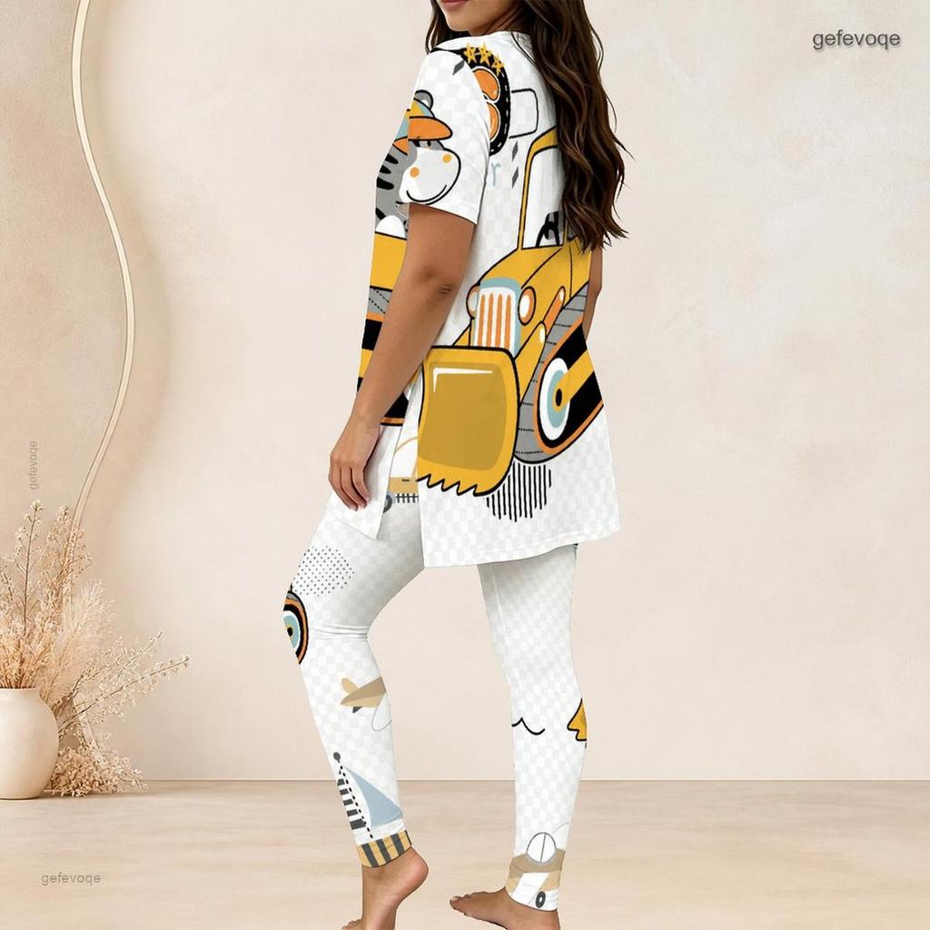 Women Plus Size Two Piece Set Round Neck Short Sleeve Red Printed Longline Top Fitted Long Pants