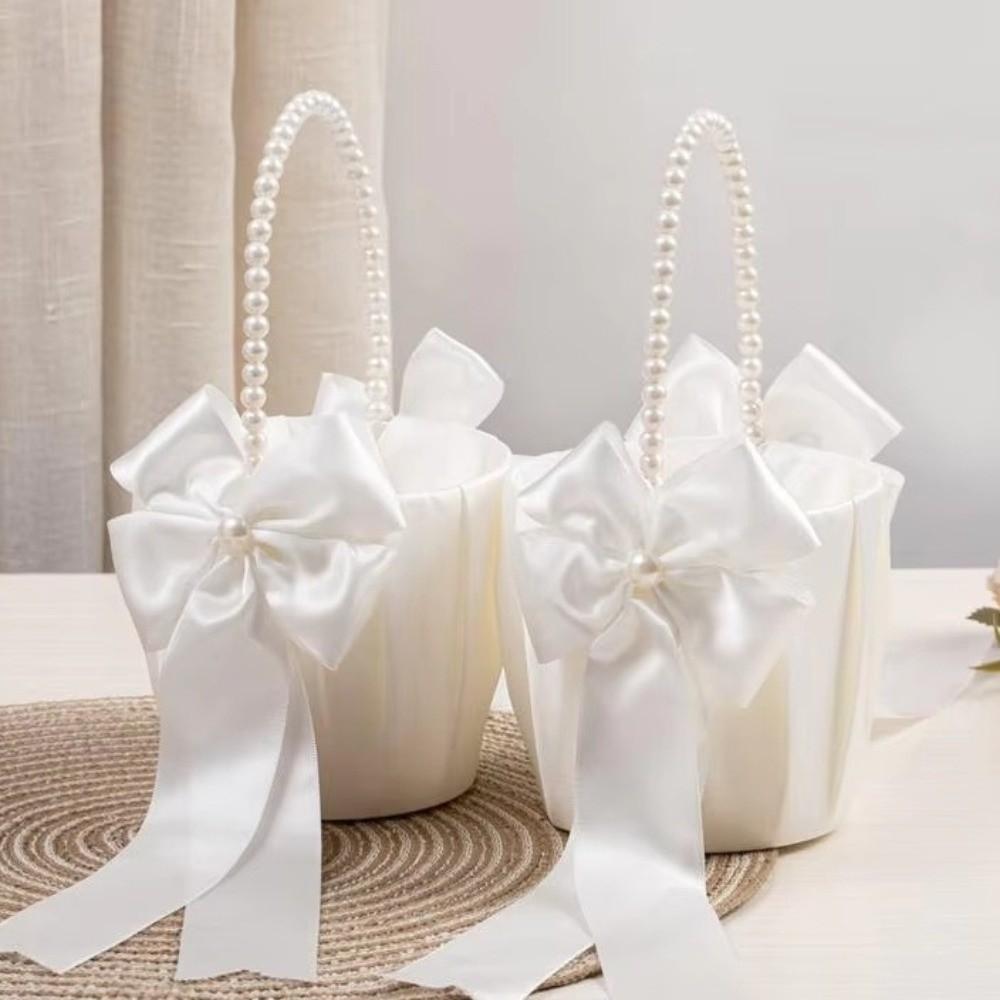 Satin White Pearl Handle Basket Vintage Flower Girl Basket Wedding Flower Basket Ceremony