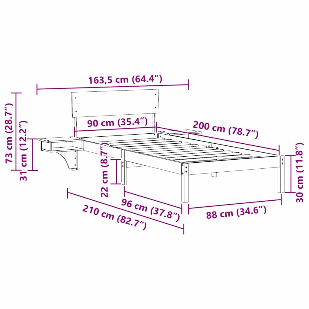 White Bed Frame with Headboard 90 x 200 cm Solid Pine Wood