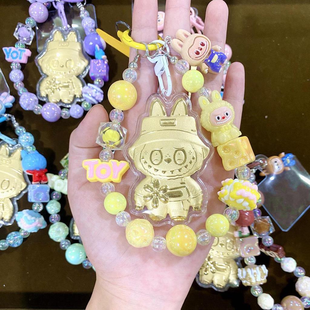 999 Pure Gold Labubu Cartoon Phone Lanyard Keychain & Bag Charm for Women