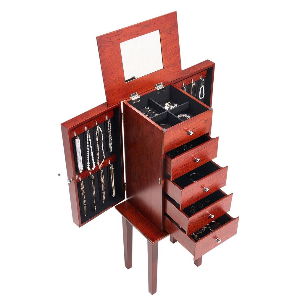 Jewelry Cabinet Armoire, Standing Wood Jewelry Storage Chest with 4 Spacious Drawers, Flip Top Mirror, 4 Top Storage Compartments, Zinc Alloy Handles,