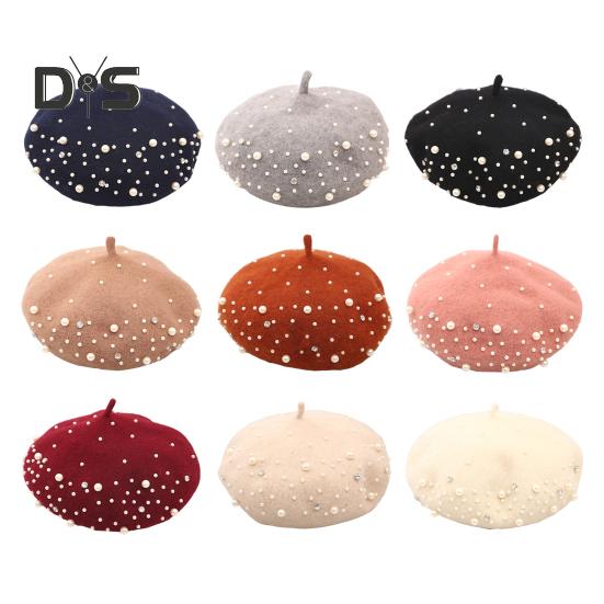 Женский берет с искусственным жемчугом и стразами, винтажная шерстяная шляпа в английском стиле без полей, однотонная, с регулируемыми лямками, кепка-тыква