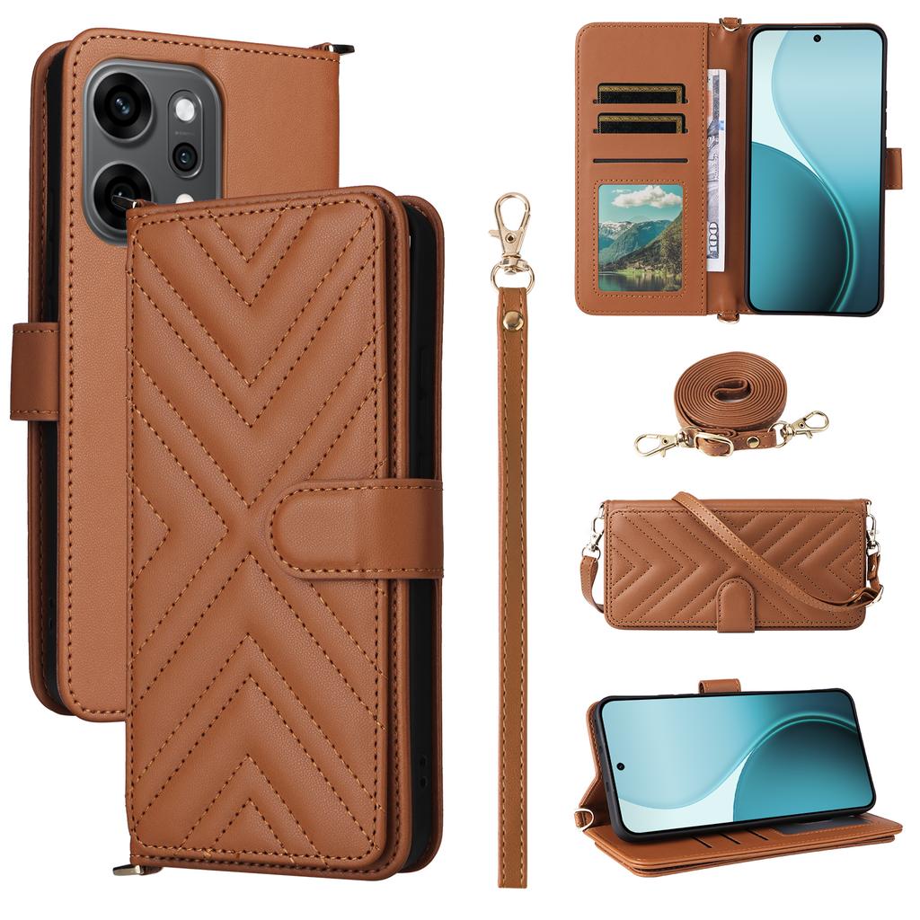 For Oppo Reno14 5G (Global) Case with Shoulder/Wrist Strap Leather Phone Cover Stand Wallet