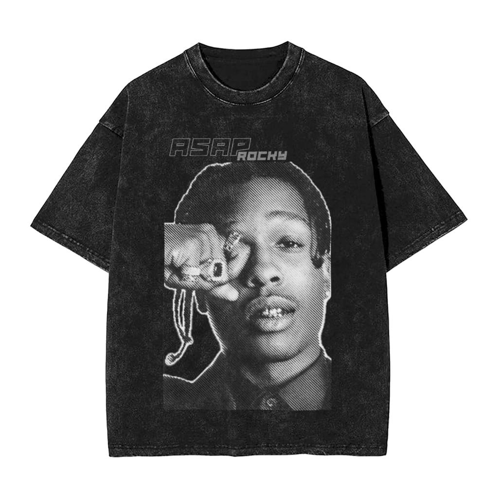 Asap Rockys Vintage Art Washed T Shirt Streetwear Hip Hop Casual T-Shirt Tees Men Women Short Sleeve Oversize Graphic