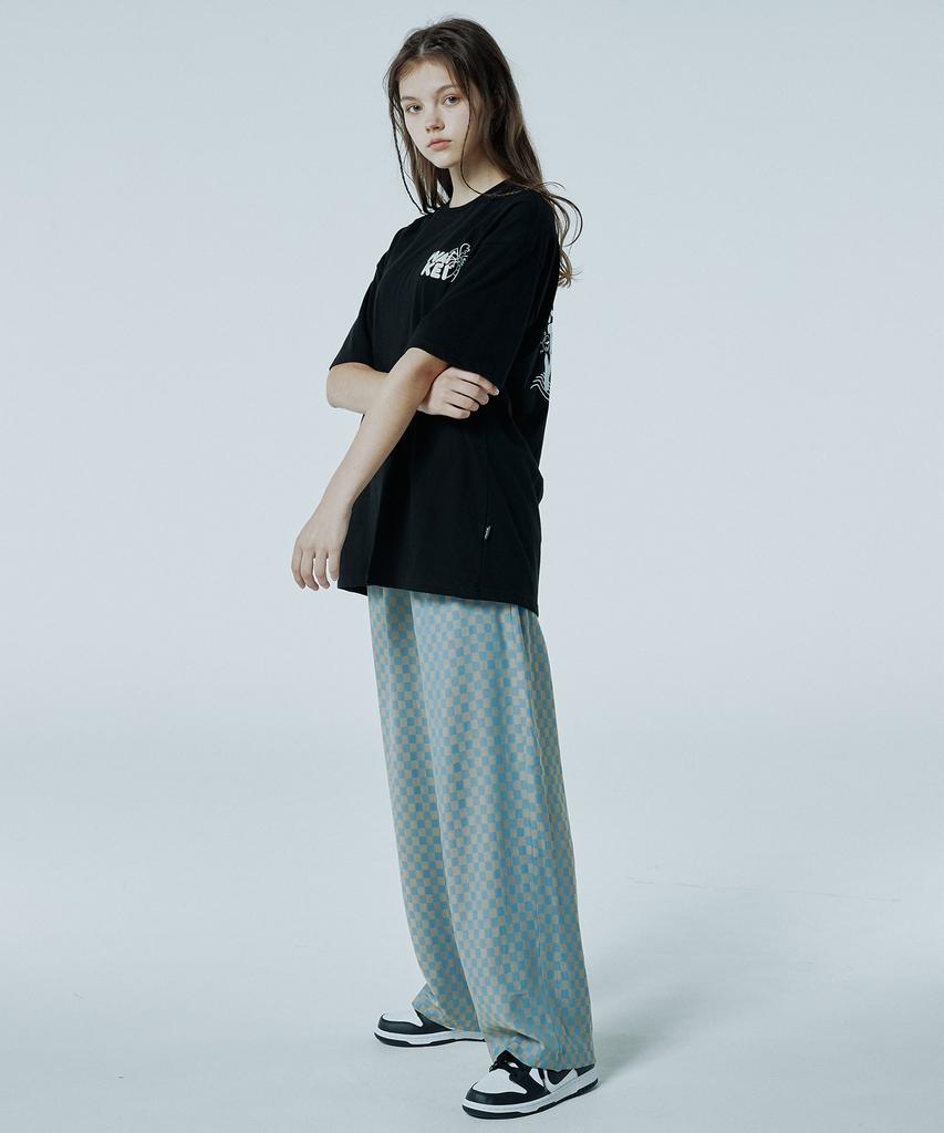 WAIKEI Checkerboard Elastic Waist Long Pants Beige Sky Blue