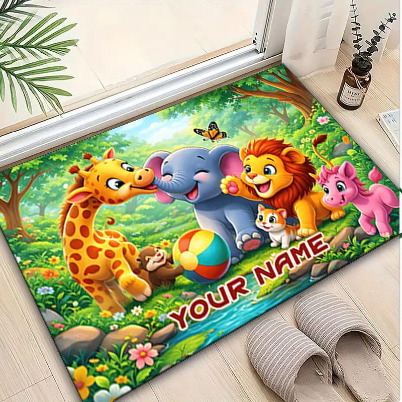 1PC Custom Name Jungle Friends Adventure Theme Floor Mat Ideal for Living Room, Game Rooms, Office, Bedroom,Floor Mat Playful Design