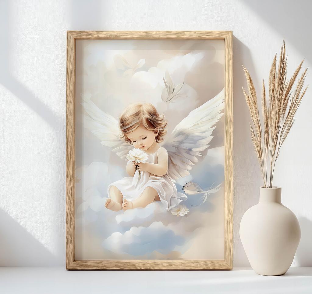 Poster Cute Angel On Clouds Poster Cute Angel On Clouds, 50X70 Cm, Frameless, Premium Canvas On Stretcher