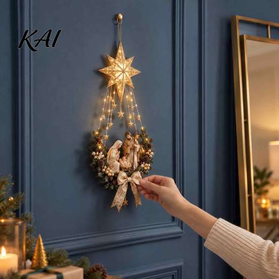 Hanging Star Decoration with Lights Lighted Nativity Door Swag, Bethlehem of Faith Wall Decor, Light-up Holy Illuminated Decor Family for Christmas