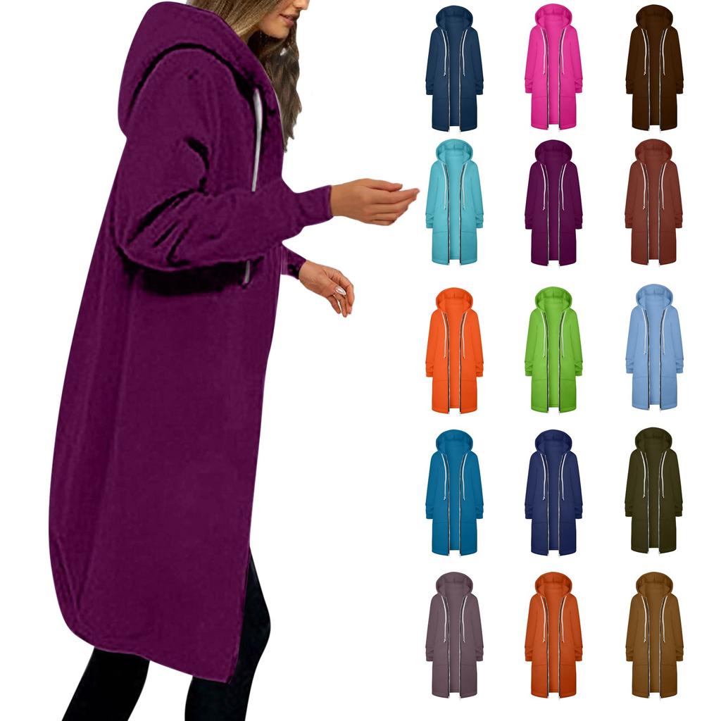 Women's Casual Zip Up Hoodies Long Tunic Sweatshirt Winter Windproof Drawstring Hooded Jacket Outerwear With Pockets