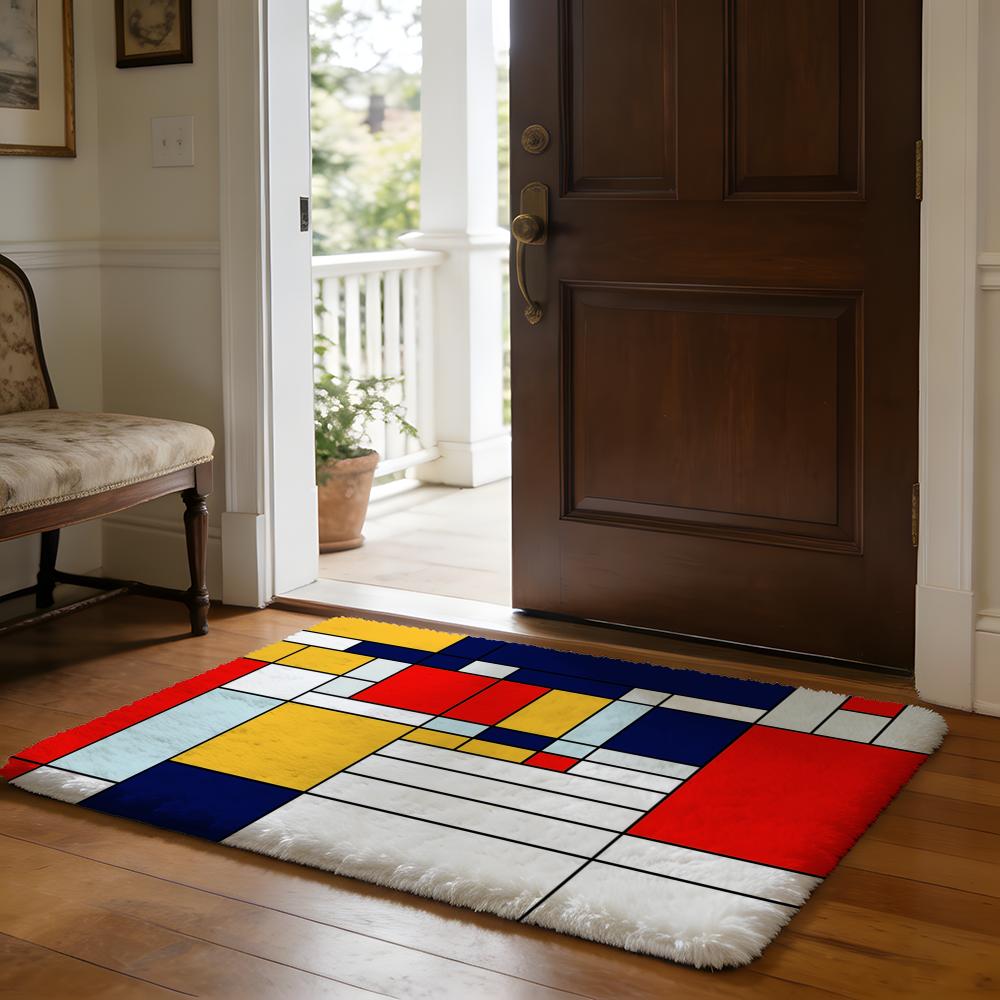 PPiet Mondrian Style Floor Mat Soft Flannel Absorbent Mat Non-Slip Rug Home Bedroom Bathroom