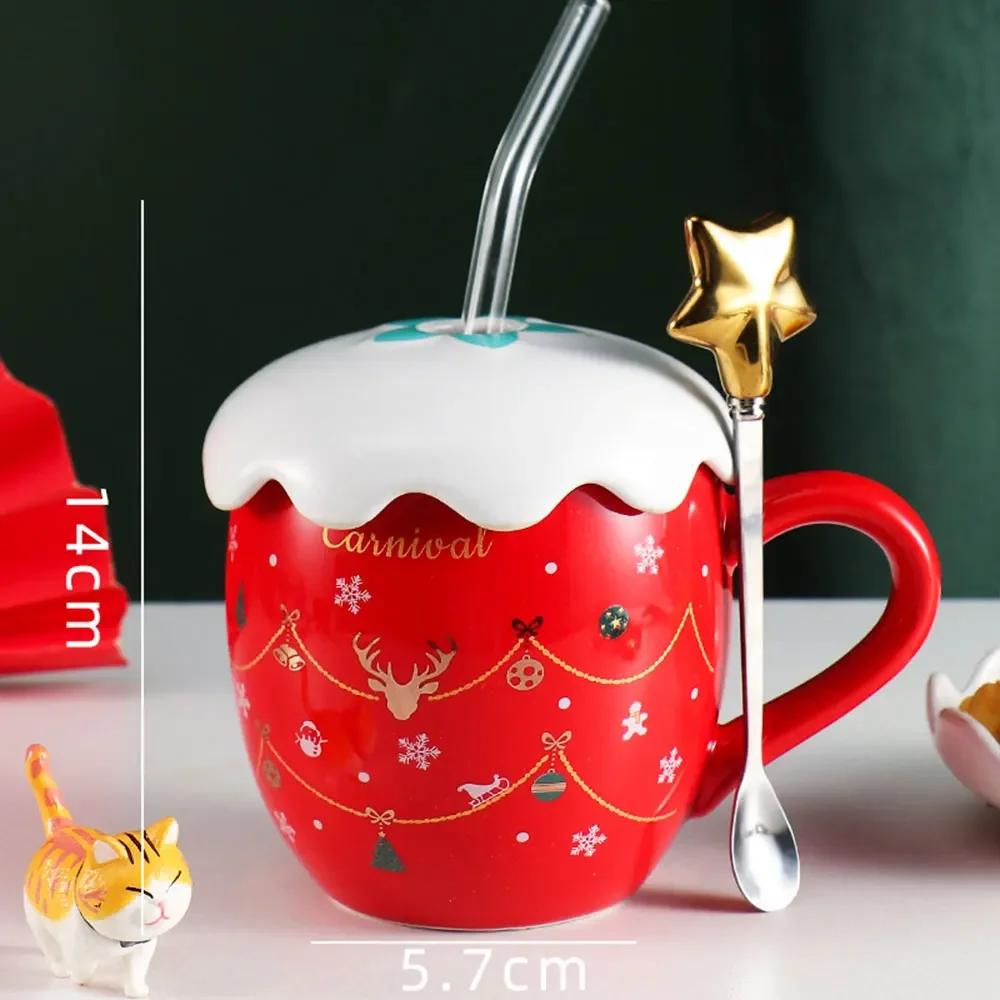 Christmas Mug With Lid And Spoon Ceramic Water Cup Cute Elk Snowflake Coffee Milk Decal Office Creative Gift For Tea Tableware