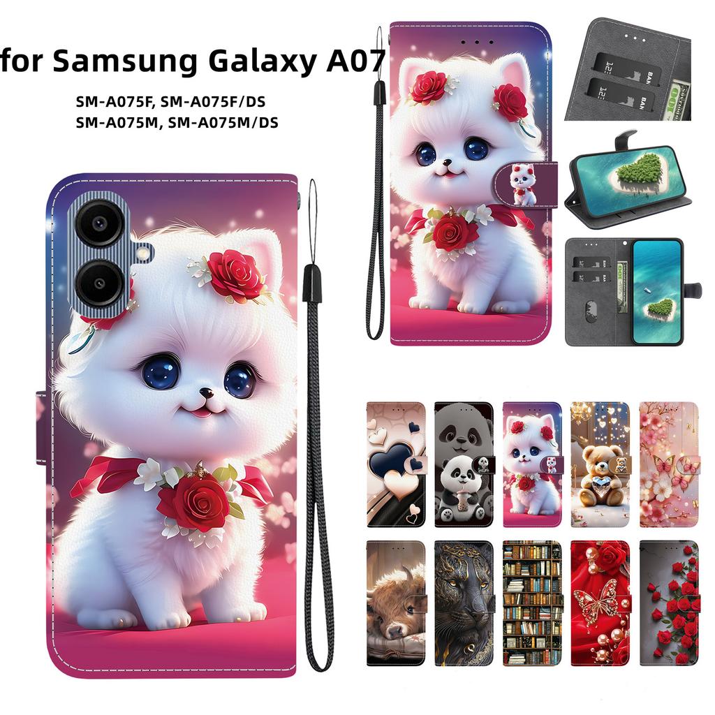 Чехол-книжка из искусственной кожи ручной работы для Samsung Galaxy A07 (A075F/A075M)- Противоскользящий ударопрочный чехол с ремешком на запястье и дизайнами в виде сердец/роз и кошек