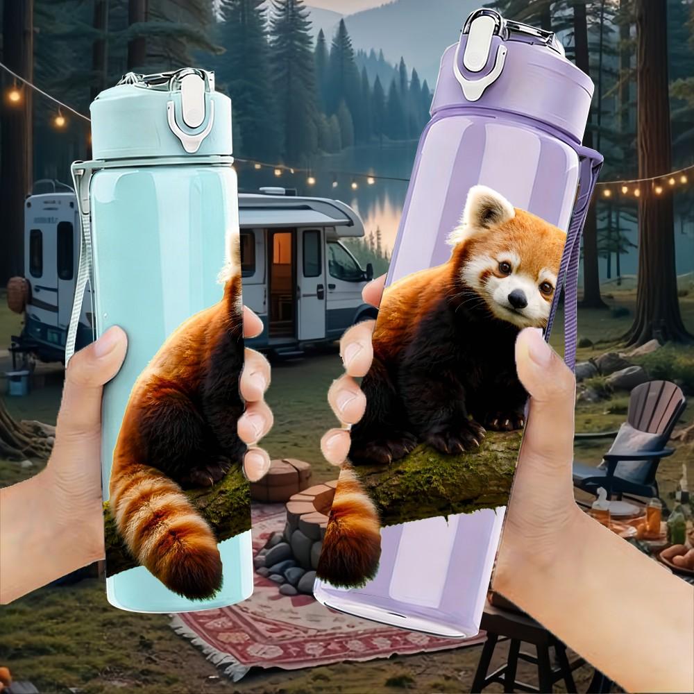 1PC Red Panda Cute Wild Animal Print 750ml Color Plastic Sports Water Bottle Leakproof Flip Straw Lid Suitable for Sports Office Home Use