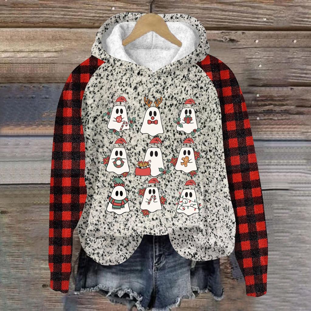 Women's Fashion Pullover Plunging Sleeve Christmas Printed Hooded Sweatshirt