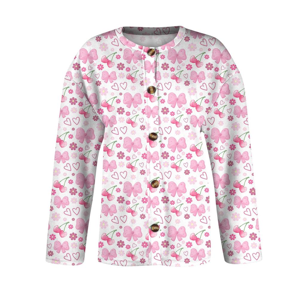 Женская мода с принтом банта, длинный рукав, вязаный кардиган, куртка на пуговицах