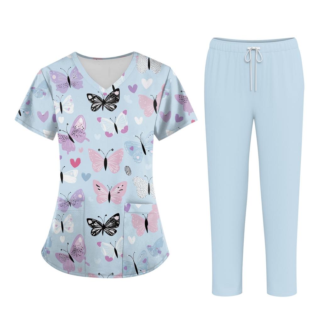 Plus SizePrinted Scrub Working Uniform Tops For Women's Cross V-Neck Halloween Print Short Sleeve Fun T-Shirts Workwear Tee With Pockets