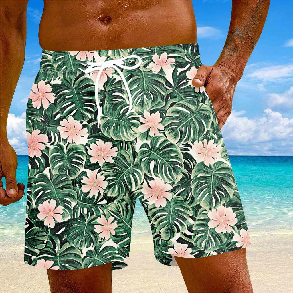 Men's Fashion Hawaiian Print Elastic-Waisted Casual Yoga Pants Beach Shorts