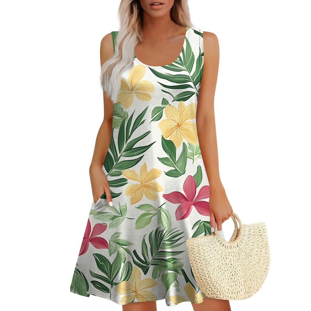 Women's Summer Casual Square Neck Floral Print Sleeveless Dress With Pockets