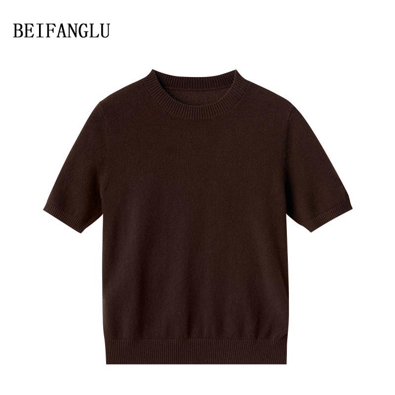 Northern Deer High-End Purple Wool Knit Round Neck Short Sleeve for Women