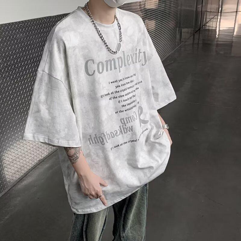 Летняя американская ретро-печать с коротким рукавом, мужская модная рабочая рубашка с круглым вырезом, свободный крой