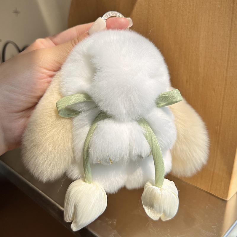 Cute Handmade Soft Lightweight Bow Bunny Car Key Chain Bag Charm 10cm Plush Tulip Rex Rabbit Doll Keychain Pendant for Kids Gift