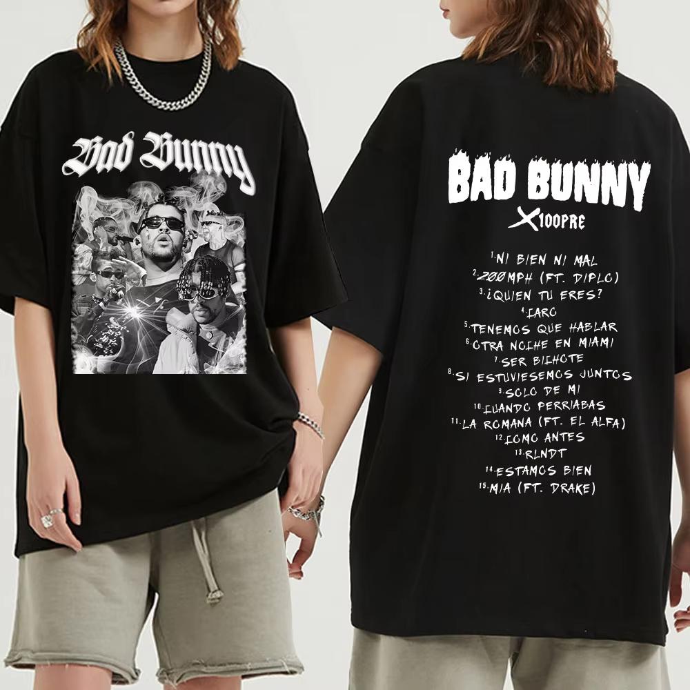 Футболка с принтом Bad Bunny Музыкальный Альбом Графический Принт Футболки Мужские Женские Мода Хип-Хоп Повседневная Хлопковая Оверсайз Футболка Уличная Одежда