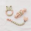 Wooden Teether Bells Fox Rattles Wooden Ring Teether Beech Wooden Ring Toys Silicone Nipple Holder for Kids Gift