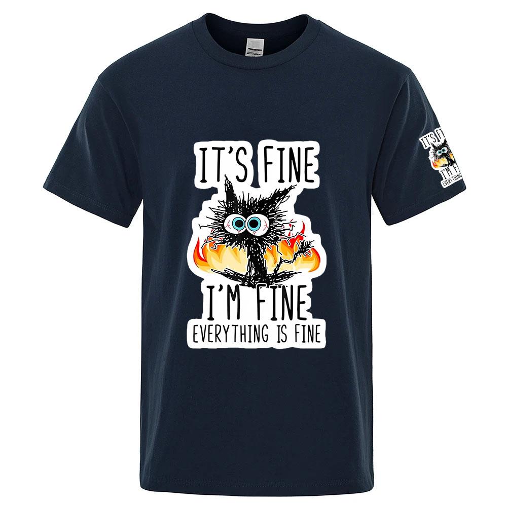 Funny Cool Cat 2025 Unisexs Everything is Fine Logo Print Summer Refreshing and non stick to the body Round Neck Tshirt